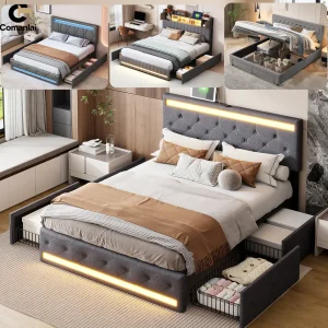 Cadre de lit 160x200cm avec tête de lit LED USB et 4 tiroirs de rangement