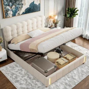 Lit coffre capitonné 140x190 cm avec LED et tête de lit beige velours - Ombre Interieur