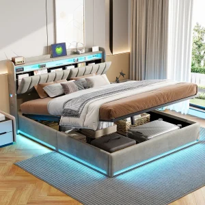 Lit coffre 140/160 avec LED et USB, lit capitonné velours et rangement pour chambre moderne