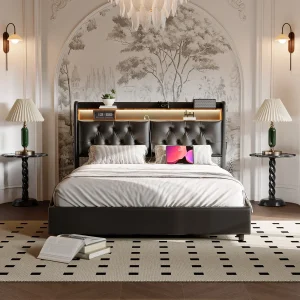 Lit double 180x200 avec tête de lit LED et rangements intégrés pour chambre moderne