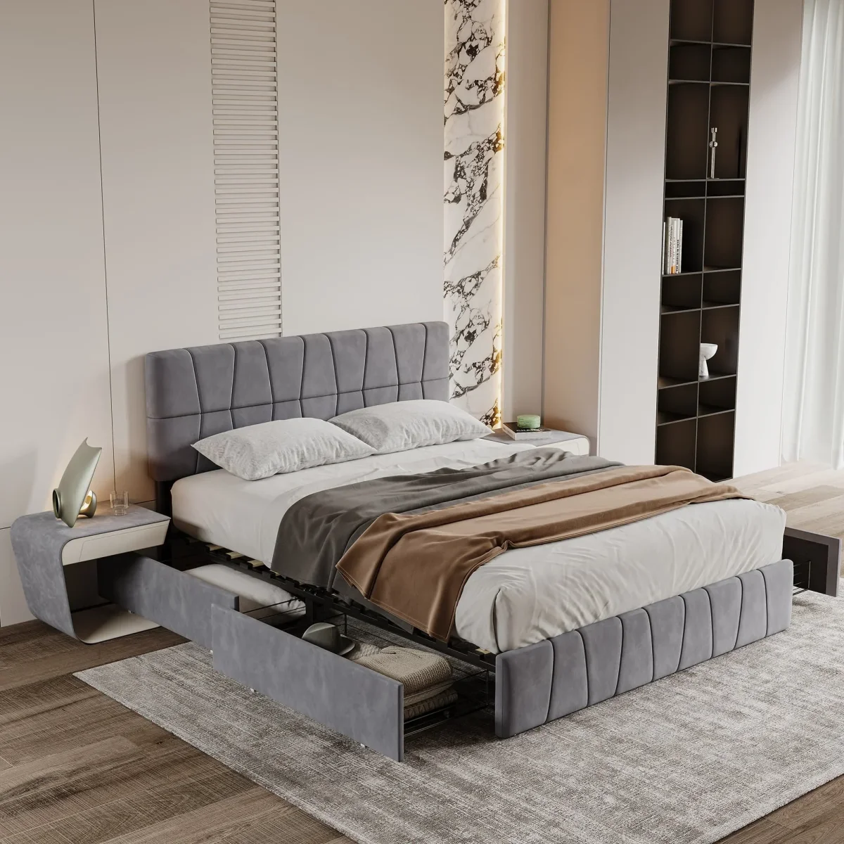 Lit double capitonné 160x200 cm avec 4 tiroirs et tête de lit réglable en velours gris – Image 5