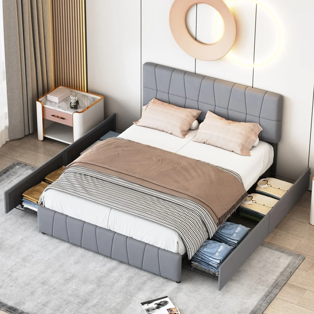 Lit double capitonné 160x200 cm avec 4 tiroirs et tête de lit réglable en velours gris – Image 4