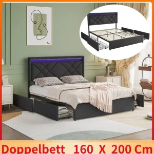 Lit double 160x200cm avec rangement, éclairage LED et ports USB - Bois gris foncé