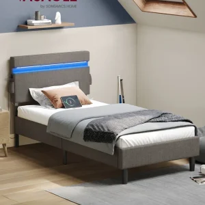 Lit simple 90x190 cm avec tête de lit LED et prises USB Type-C pour chambre moderne