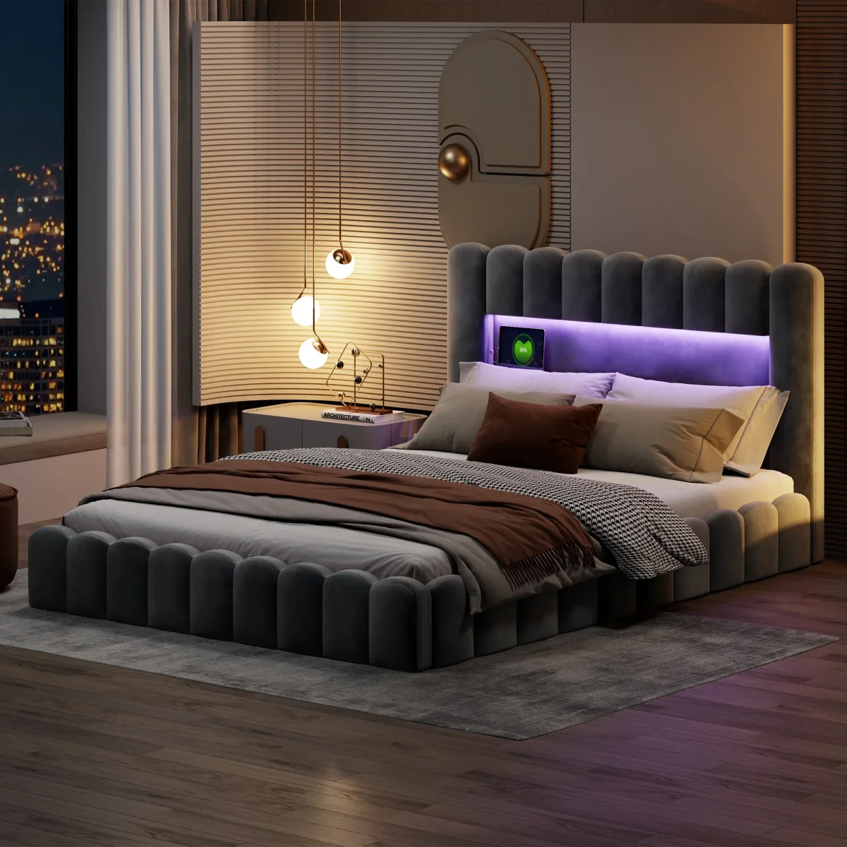 Lit capitonné 180x200 cm avec tête de lit LED et rangement, velours vert armée – Image 3