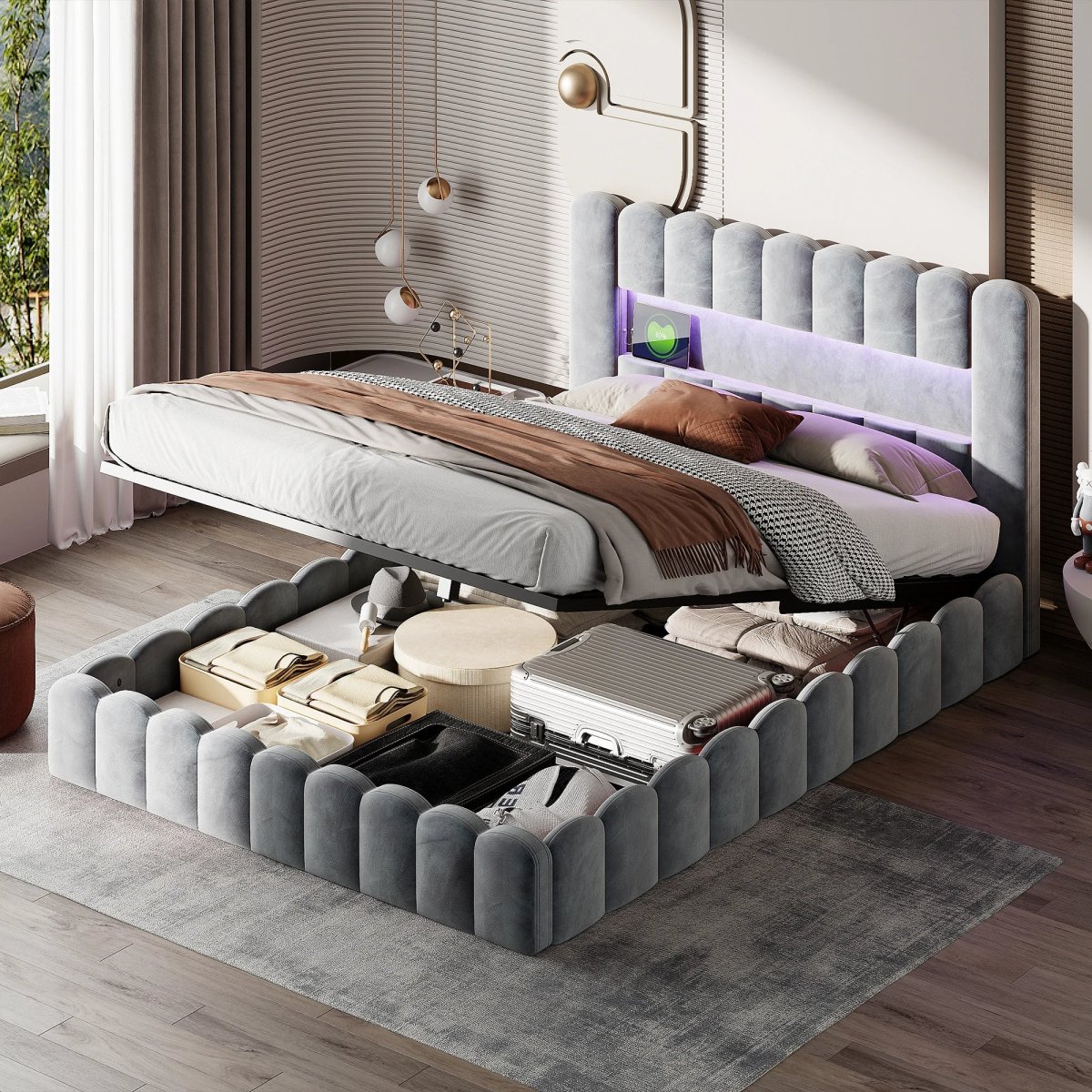 Lit capitonné 180x200 cm avec tête de lit LED et rangement, velours vert armée – Image 4
