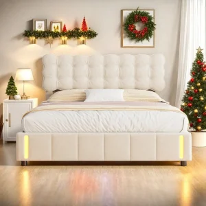 Lit coffre 160x200 avec tête de lit, LED et rangement hydraulique en velours beige