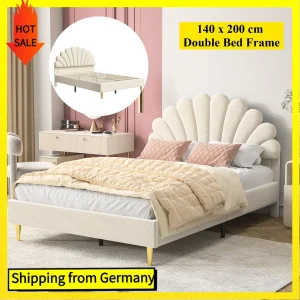 Lit double capitonné 140x200 cm avec tête de lit fleur en velours beige - Sans matelas