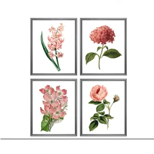 Ensemble 4 Toiles Canvas Fleur Rose Vintage, Impression Murale