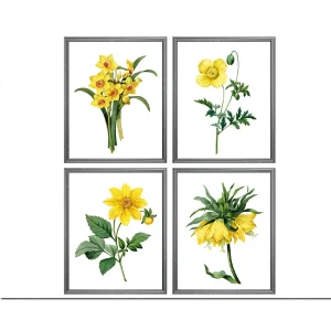 Ensemble de 4 affiches toile fleurs jaunes rétro botanique élégante