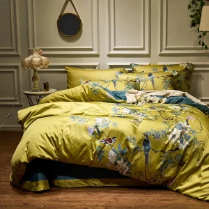 Parure de lit coton égyptien jaune style oiseaux 4 pièces pour chambre d'amis