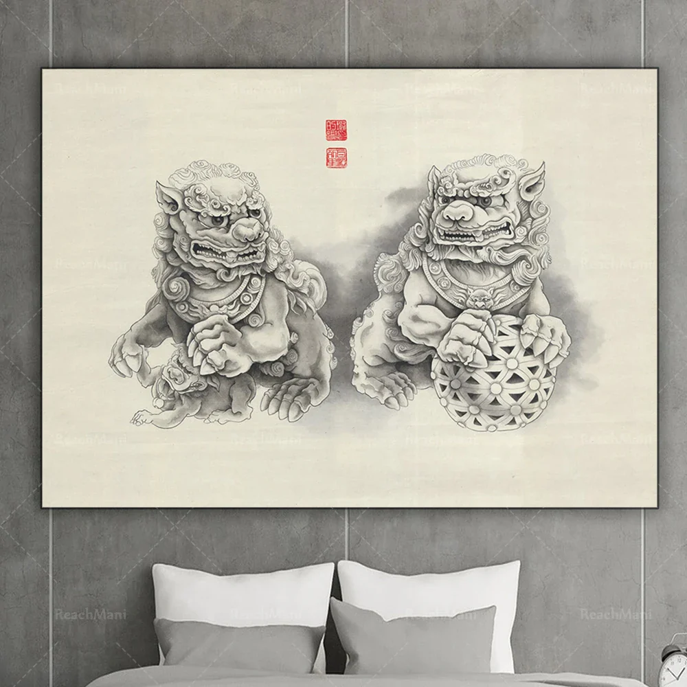 Toile imprimée Fu Dogs en toile coton premium décoration murale – Image 3