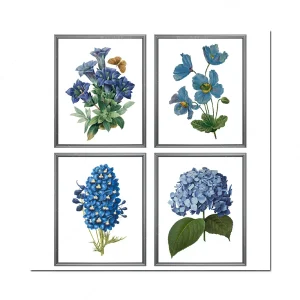 Set 4 toiles fleurs bleues imprimées toile coton rétro