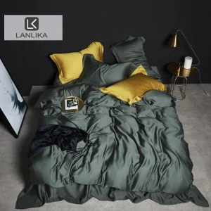 Ensemble de literie en soie verte 100% mûrier - Housse de couette, drap et taies d'oreiller