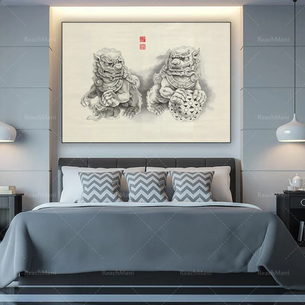 Toile imprimée Fu Dogs en toile coton premium décoration murale – Image 4
