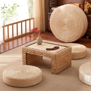 Coussin de sol en paille naturelle, pouf rustique pour méditation et décoration intérieure