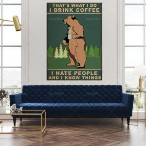 Affiche café ours toile imprimée animale humoristique murale déco cuisine
