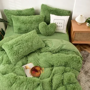 Housse de couette en flanelle velours poils longs - Ensemble literie d'hiver chaud Queen 4 pièces