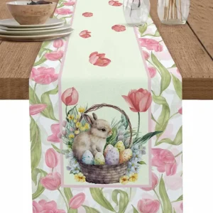 Chemin de table lin imprimé Pâques lapins et tulipes décor