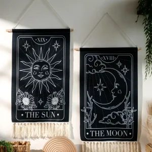 Tapisserie murale style Boho soleil et lune noir pour chambre et salon - Décoration esthétique