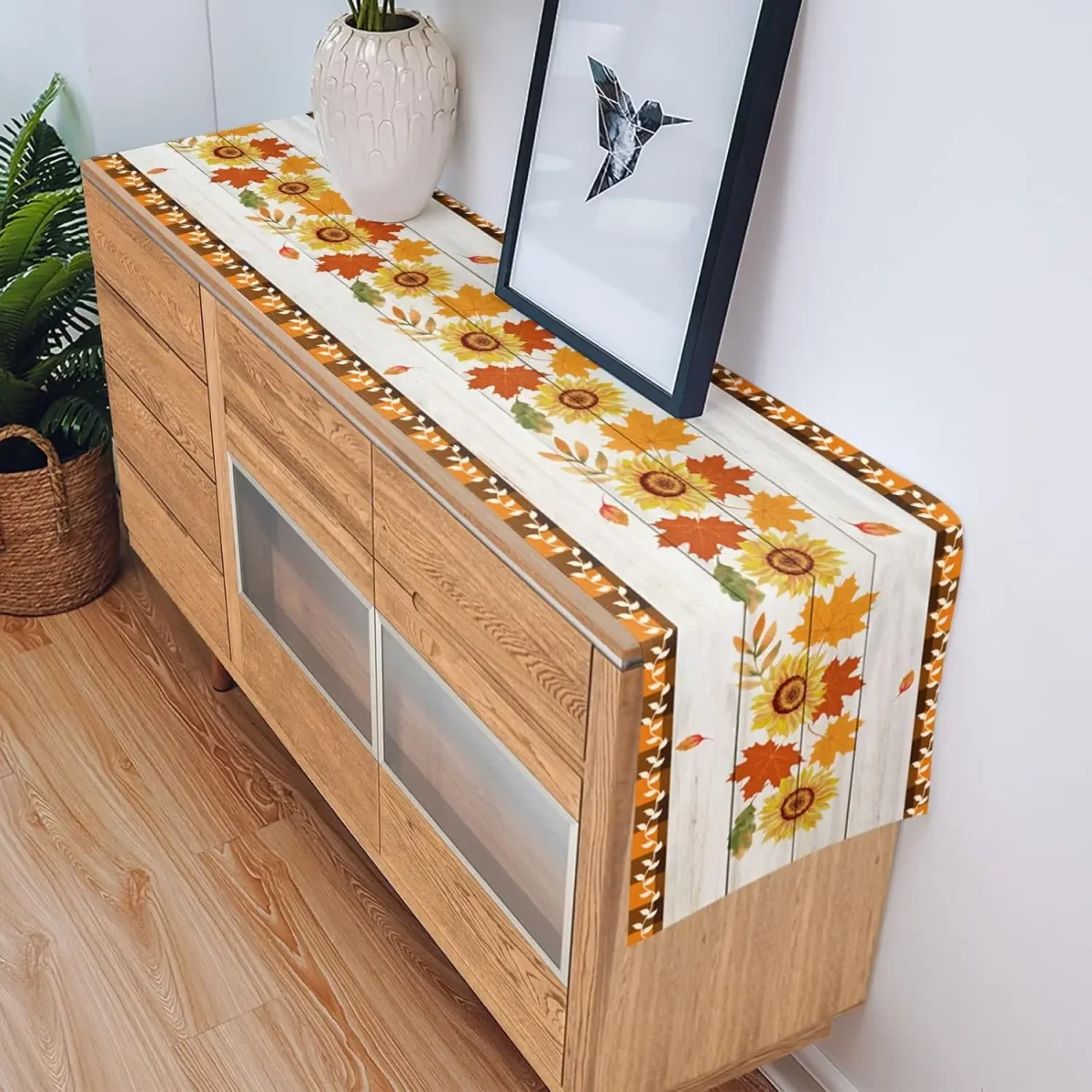 Chemin de table lin imprimé tournesols et feuilles d'érable – Image 6