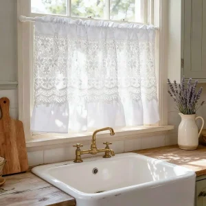 Rideau court blanc ajouré à motifs floraux pour petite fenêtre - Voilage de cuisine moderne