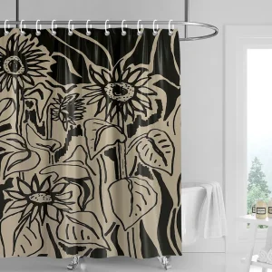 Rideau de douche artistique noir et beige avec motif floral