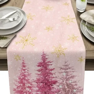 Chemin de table lin Noël imprimé flocons dorés, durable, lavable