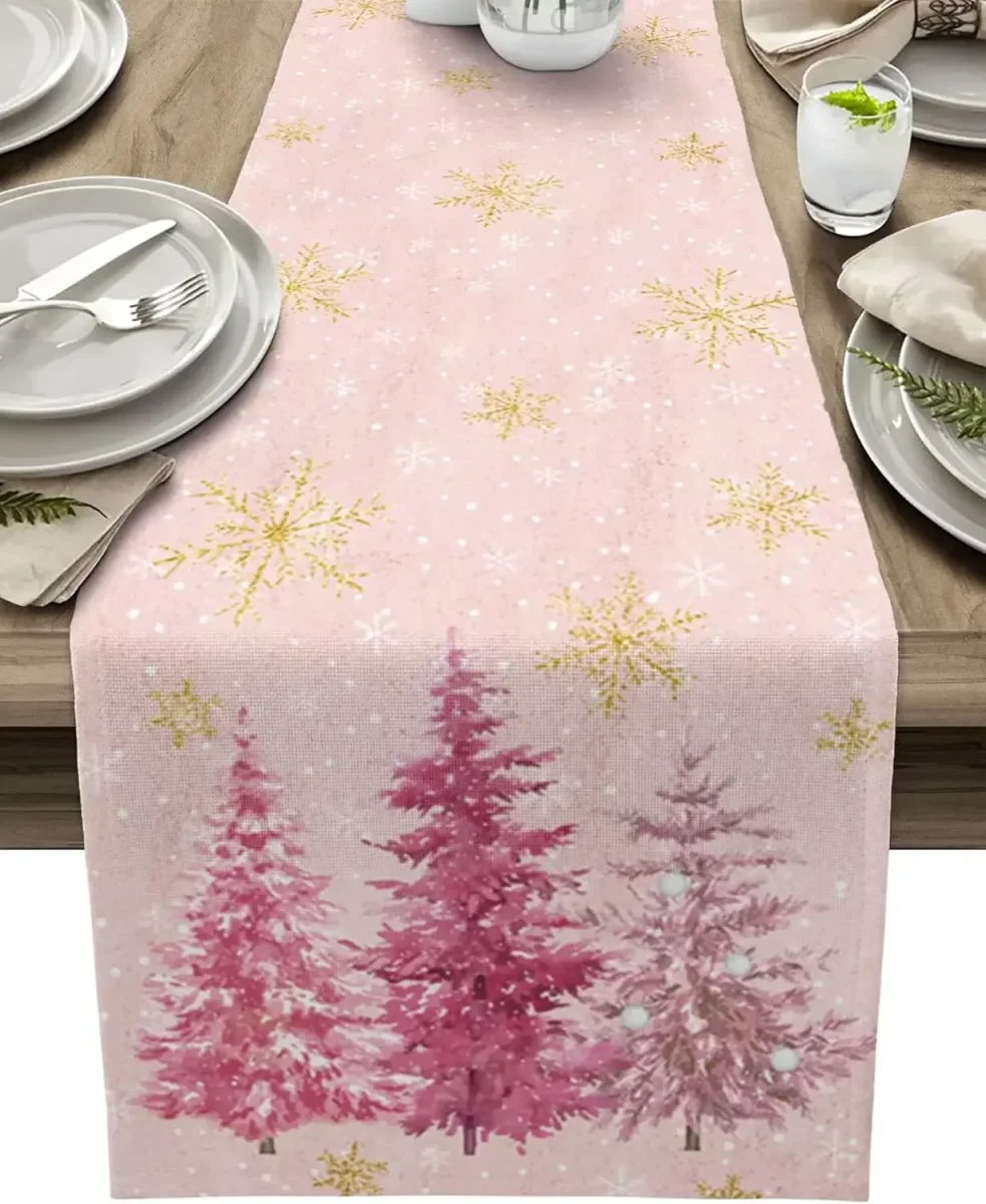 Chemin de table lin Noël imprimé flocons dorés, durable, lavable