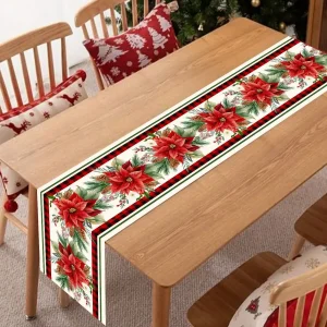 Chemin de table lin imprimé Noël, tissu dense et durable.