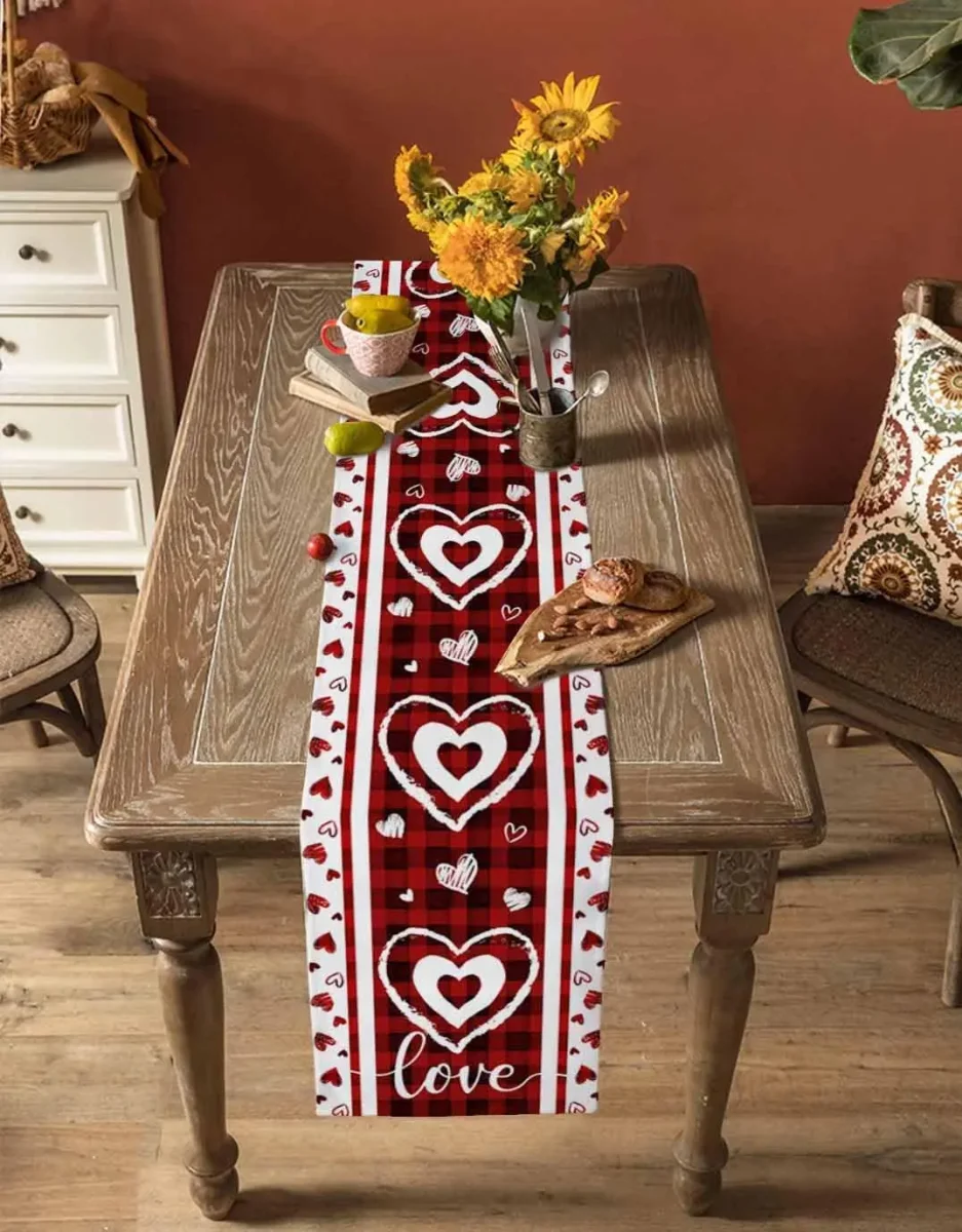 Chemin de Table Lin Cœurs Rouge Blanc Carreaux Saint-Valentin Décoration Festive – Image 5
