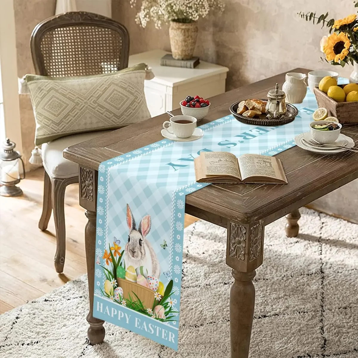Chemin de table en lin imprimé lapin floral carreaux bleus – Image 5