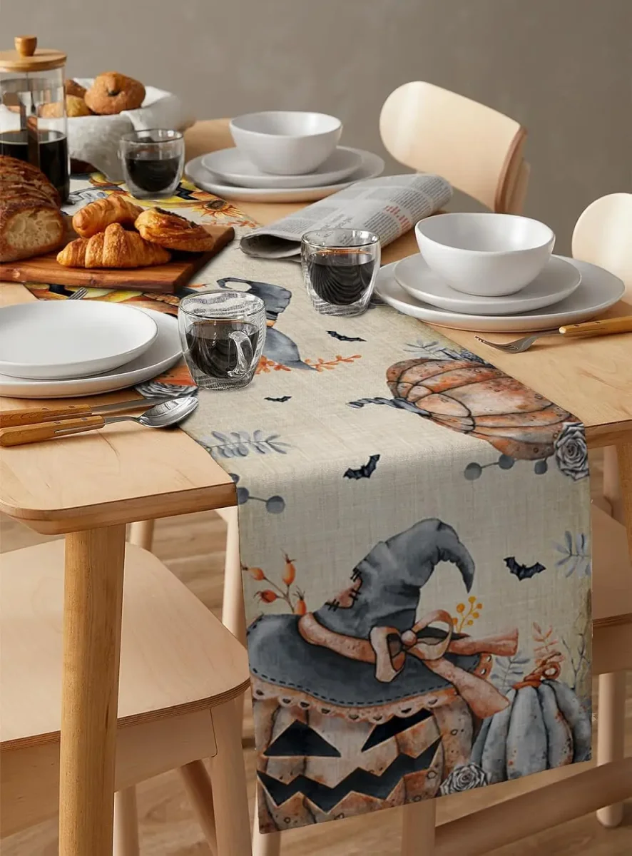 Chemin de table en lin imprimé Halloween citrouille pour décoration – Image 6