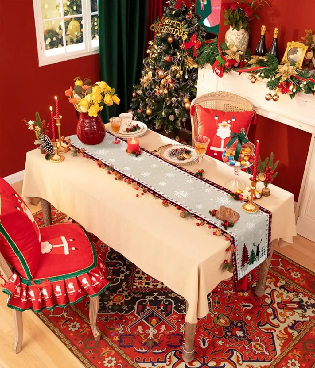 Chemin de table 100% lin écossais rouge et noir Noël – Image 4