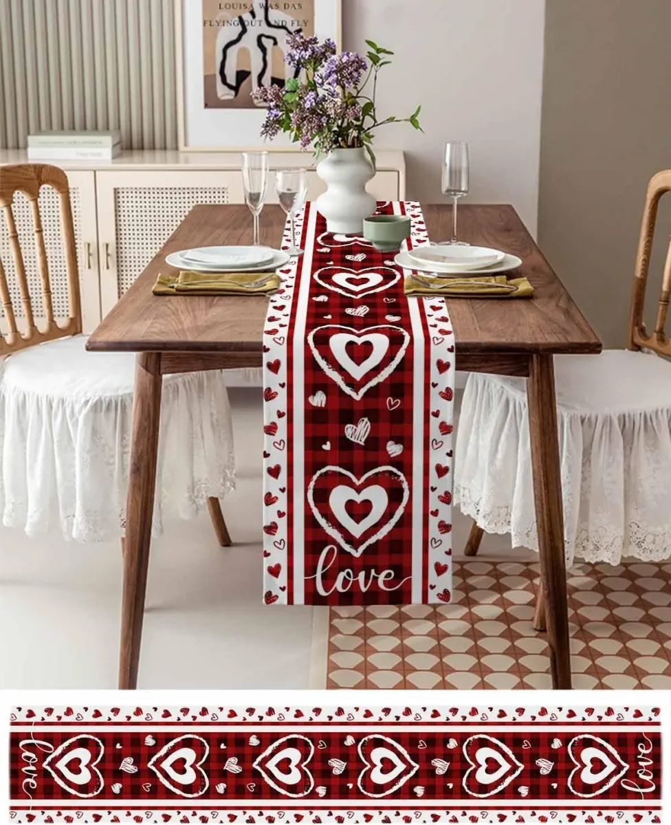 Chemin de Table Lin Cœurs Rouge Blanc Carreaux Saint-Valentin Décoration Festive – Image 4