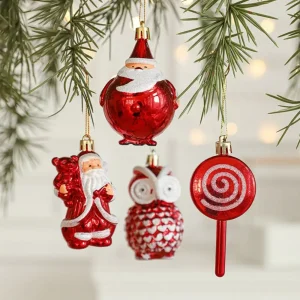 Décoration de Noël suspendue rouge et blanche hibou Père Noël - 2 pièces pour arbre et vitrine
