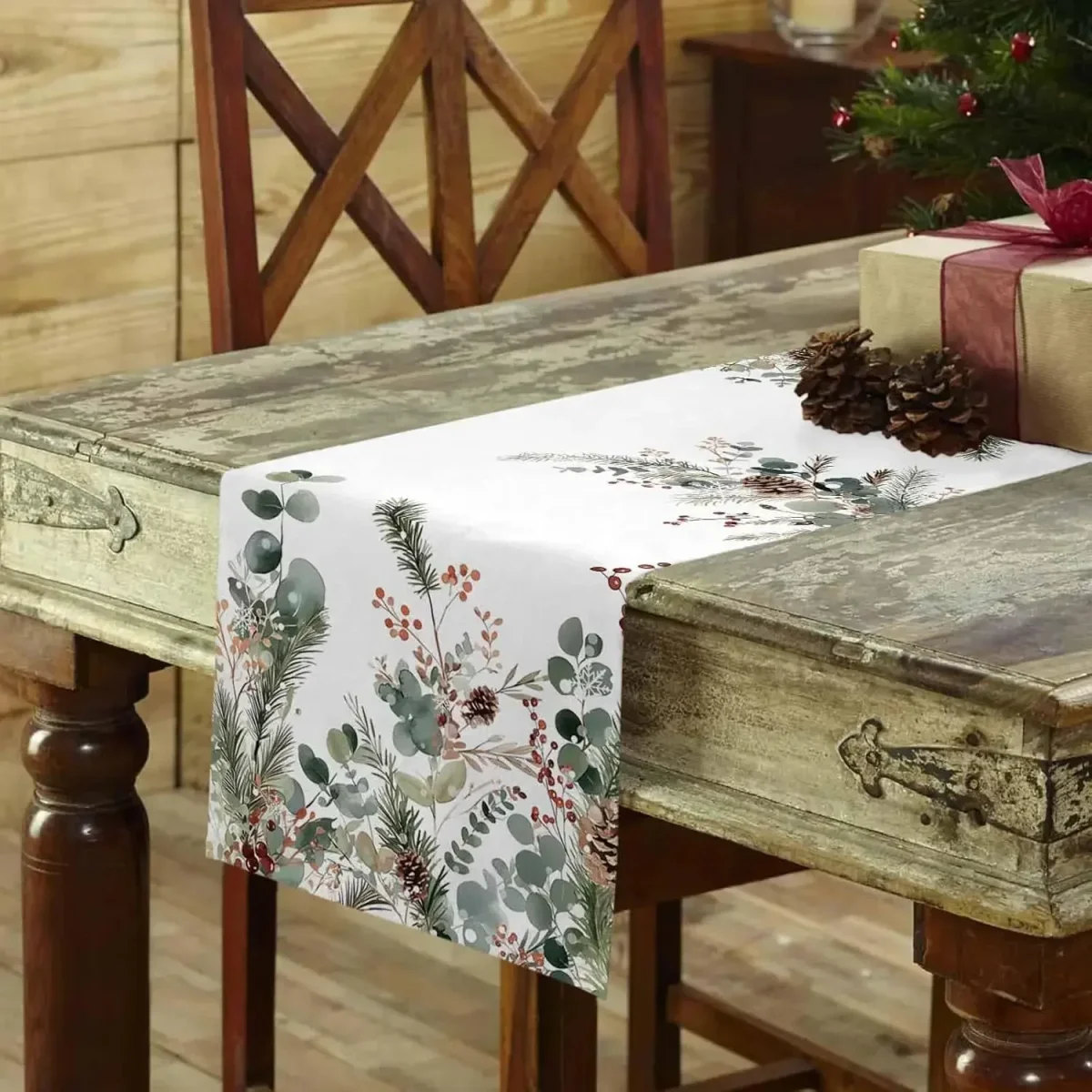 Chemin de table en lin imprimé pin cône eucalyptus Noël – Image 4