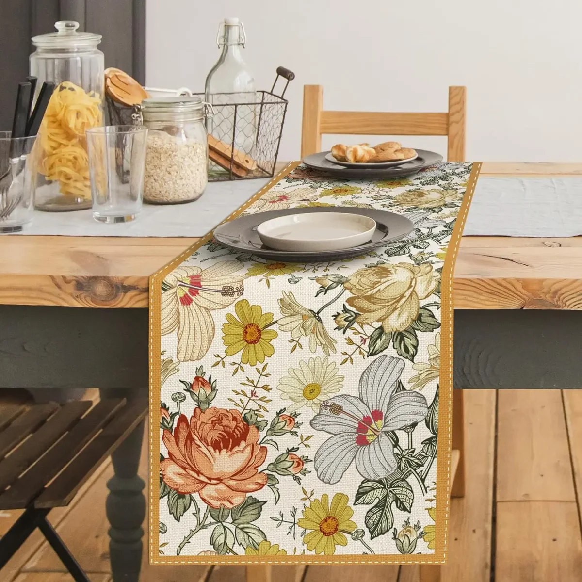 Chemin de table lin imprimé Rose Camomille vintage décor. – Image 3