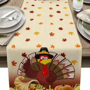 Chemin de table lin 100% tissé feuilles automne déco table