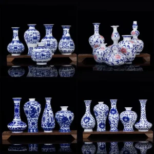 Vase céramique bleu et blanc vintage pour fleurs séchées élégantes