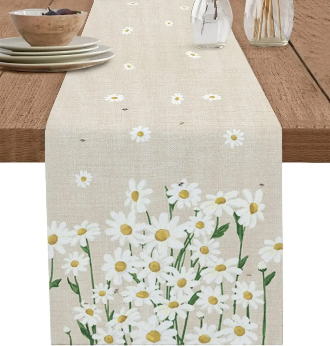 Chemin de table en lin imprimé marguerite blanc floral réutilisable – Image 2