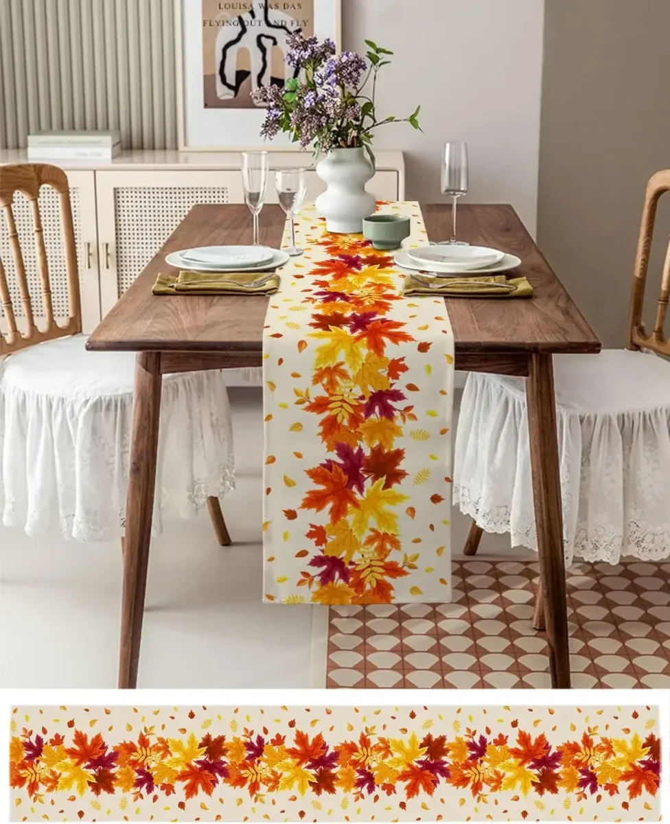 Chemin de table lin feuille d'érable automne lavable décor maison – Image 4