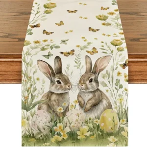 Chemin de table lin imprimé Pâques papillon fleurs 150-200cm