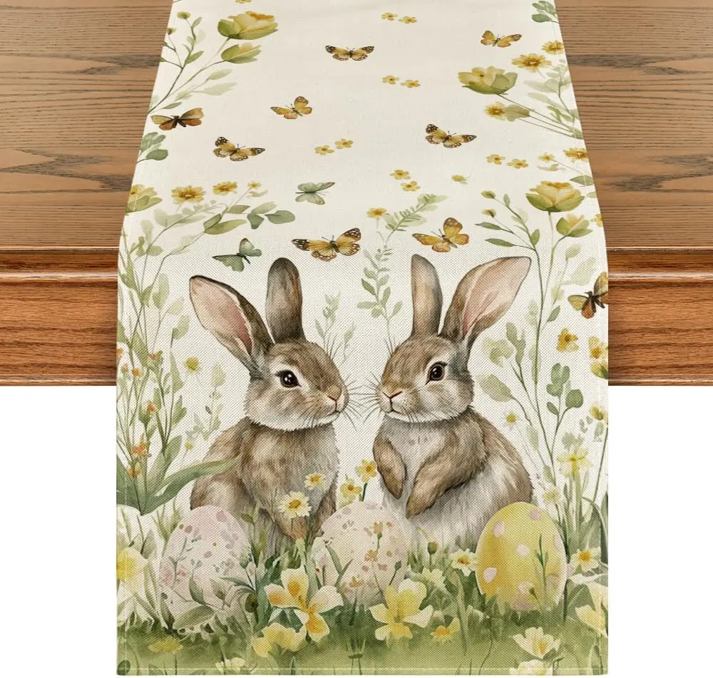 Chemin de table lin imprimé Pâques papillon fleurs 150-200cm