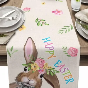 Chemin de table lin imprimé lapin de Pâques décor campagne