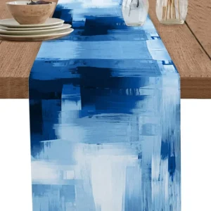 Chemin de table lin imprimé peinture à l'huile bleu élégant