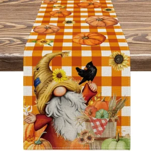Chemin de table 100% lin imprimé automne citrouille tournesol gnome