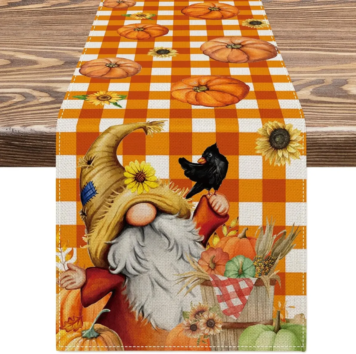 Chemin de table 100% lin imprimé automne citrouille tournesol gnome – Image 2