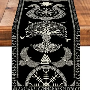 Chemin de table en lin imprimé viking sacré décoration intérieure