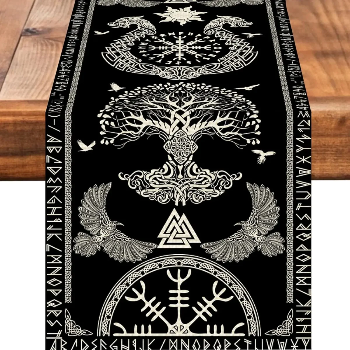 Chemin de table en lin imprimé viking sacré décoration intérieure